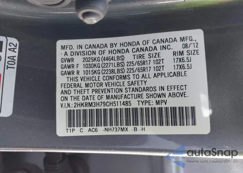 2012 Honda Cr-V Ex-L z USA, uszkodzony, nr VIN 2HKRM3H79CH511485